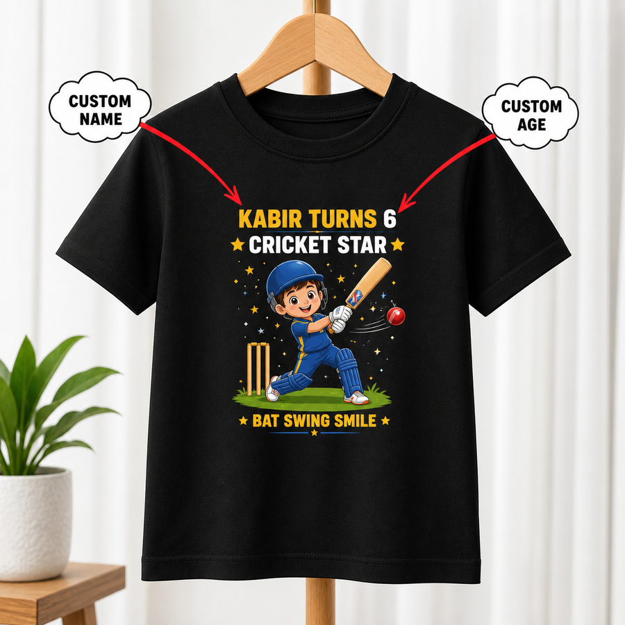 Birthday Cricket Star Black T-Shirt