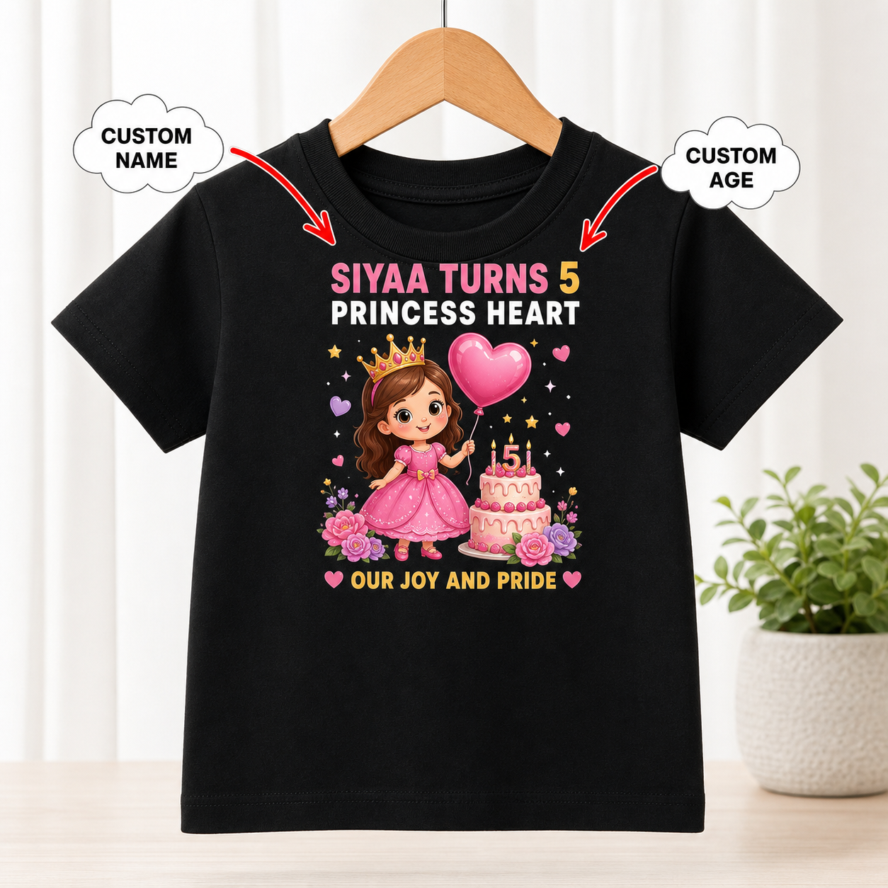 Birthday Princess Heart Black T-Shirt